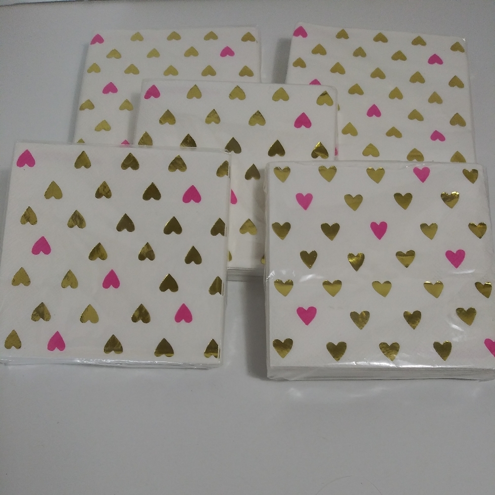 Pink & Gold Foil Hearts Beverage Napkins 100 ct NIB